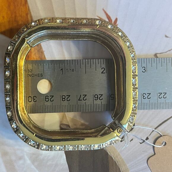 Vintage Green Enamel Gold Tone and Rhinestone Chunky Square Clamper Bracelet - Picture 6 of 8